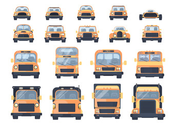 Set of different types of transport. City car, pick up, roadster, hot road, SUV, bus, lorry, heavy truck, race car.