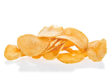 Close up potato chips isolated on white background.