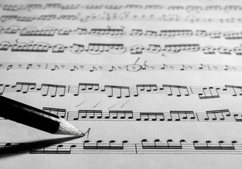 Fototapeta premium Student signing marks with pencil on music staff sheet