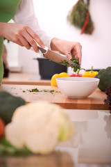 Close Up of human hands cooking vegetable salad in kitchen on the glass table with reflection. Healthy meal, and vegetarian food concept