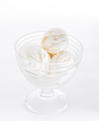 Vanilla ice cream on white background. Scoops of vanilla ice cream in glasses bowl