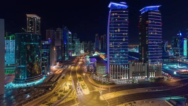 night illuminated doha city rooftop traffic streets panorama 4k timelapse qatar
