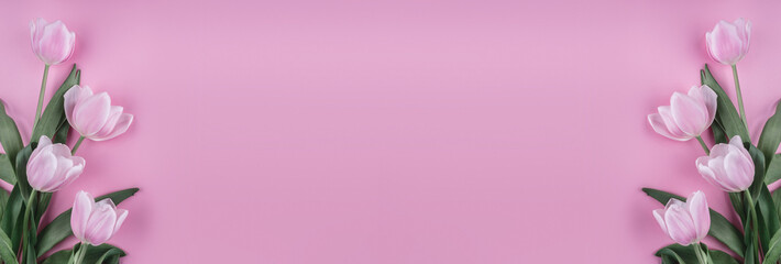 Pink tulips flowers on pink background. Waiting for spring. Happy Easter card. Flat lay, top view.