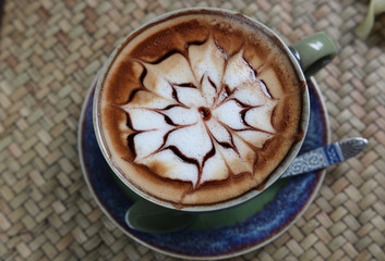 Coffee Latte art top view hot drink beautiful background cup pettern  vintage design ceramic