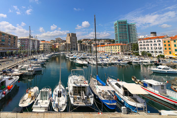 Cityscape with the marina in Savona, Liguria, Italy - obrazy, fototapety, plakaty