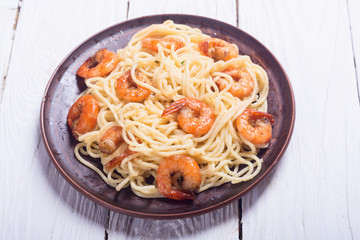 Italian pasta spaghetti with shrimps