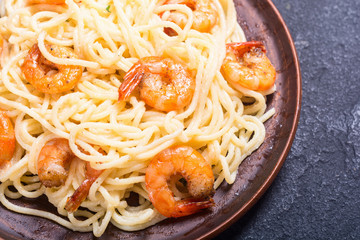 Italian pasta spaghetti with shrimps