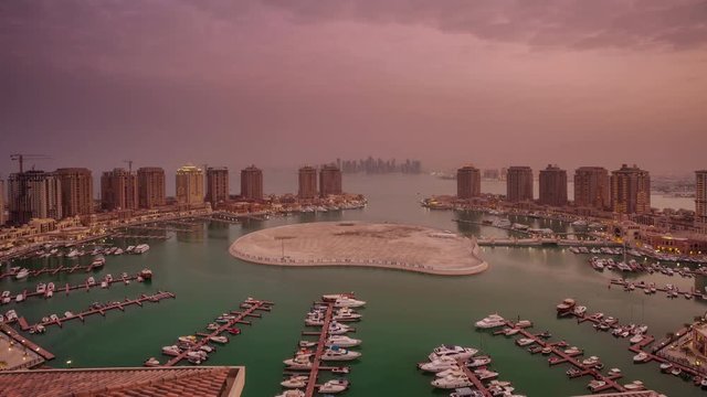 sunrise doha city corniche bay marina rooftop panorama 4k timelapse qatar

