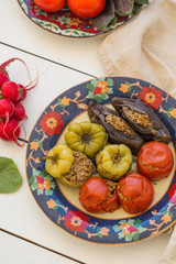 Meat stuffed tomatoes, peppers and eggplant.