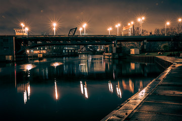 18th Street industrial river bridge in Chicago at night