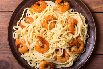 Italian pasta spaghetti with shrimps