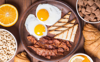 Breakfast with eggs , bacon and croissants