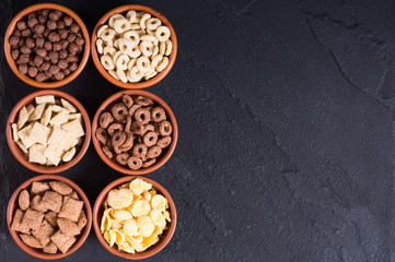 Cereals . Breakfast with milk and chocolate cornflakes