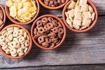 Cereals . Breakfast with milk and chocolate cornflakes