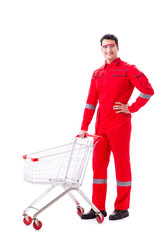 Repairman with shopping cart in industrial procurement concept