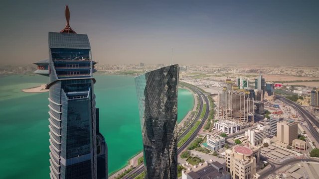 sunny day doha city rooftop downtown bay panorama 4k timelapse qatar
