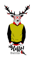 Colorful illustration of deer in retro clothes and berries on his horns.