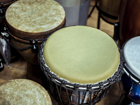 close up wooden handdrums in the studio