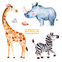 Obraz premium Zestaw akwareli Afryki. Kolekcja safari z żyrafą, nosorożcem, zebrą, kamieniami. Kolorowe urocze zwierzęta. Idealny do tapet, nadruków, opakowań, zaproszeń, baby shower, wzorów, podróży, logo itp.