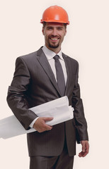 closeup.portrait of architect with blueprints.