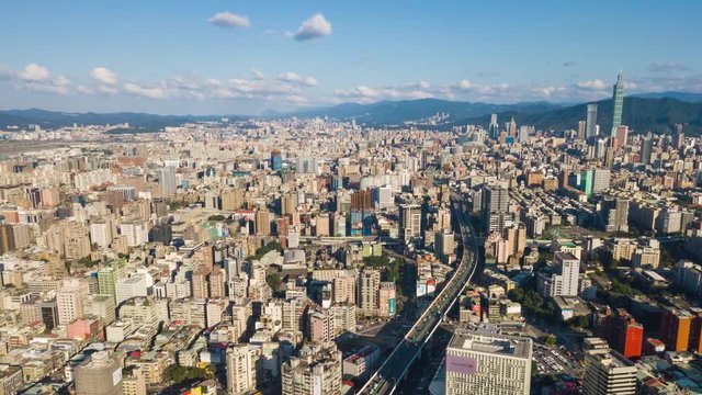 sunny day taipei cityscape downtown traffic street aerial panorama 4k timelapse taiwan
