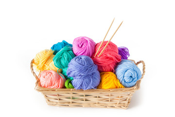 Colored cotton yarn for knitting in a basket. Isolate. - Powered by Adobe