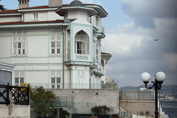 View of old, wooden, historical building by Bosphorus in Istanbul.