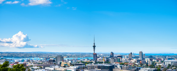 Panorama, Landscape of Auckland City, New Zealand with the sea, tower, blue sky and cloud.  View...