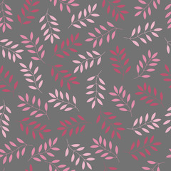 Fototapeta na wymiar Leaves of pink colore tone on gray background. Seamless pattern. Vector background.