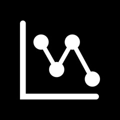 Declining graph line icon. White icon on black background. Inversion