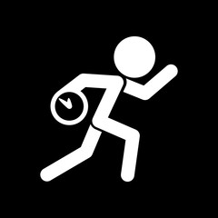 Running man with clock. Simple icon. To be late. An unpleasant situation. White icon on black background. Inversion