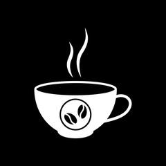 cup of hot coffee icon. White icon on black background. Inversion