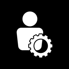 human with gear icon. White icon on black background. Inversion