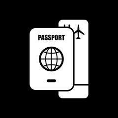 passport, boarding pass. air travel concept. White icon on black background. Inversion