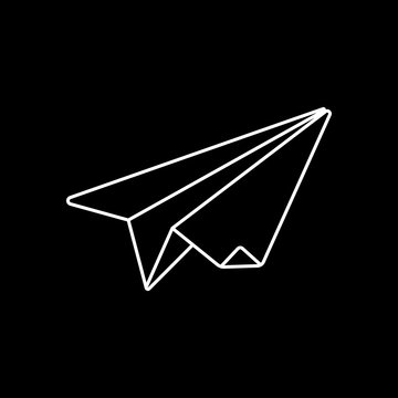 paper plane. origami glider. White icon on black background. Inversion