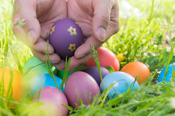 Easter egg ! happy colorful Easter sunday hunt holiday decorations Easter concept backgrounds with copy space