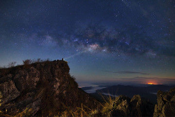 Obraz na płótnie Canvas Beautiful scenery of the milky way on night sky at Doi Pha Phung at Nan province in Thailand.This is very popular for photographers and tourists.Travel and natural Concept