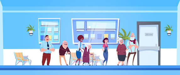 Group Of Patients Standing In Line To Doctors Office In Modern Hospital Or Clinic Flat Vector Illustration