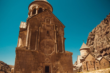 Surb Astvatsatsin and Surb Karapet Churches, Noravank. Armenian culture. Architecture concept. Pilgrimage place. Religion background. Travel to Armenia. Tourism industry. Tourist landmark.
