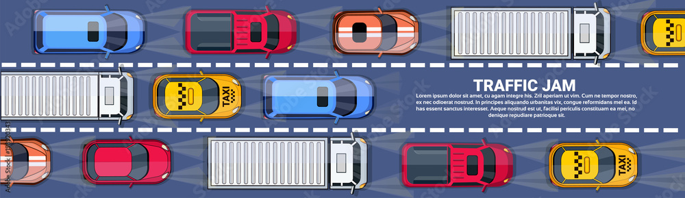 Sticker road full of cars and trucks top angle view traffic jam on highway horizontal banner with copy space