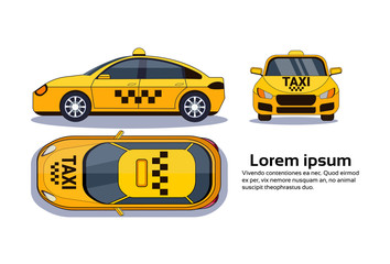 Taxi Car On White Background Isolated Top, Side And Front View Over Copy Space Flat Vector Illustration