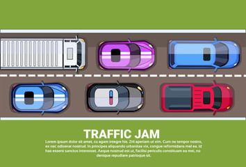 Traffic Jam Top View Road Or Highway Full Of Different Cars And Trucks Background With Copy Space Flat Vector Illustration