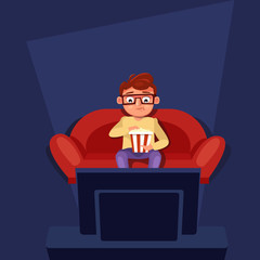Man Sitting At Couch Watch Tv Eating Popcorn Flat Vector Illustration