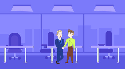 Two Business Men Handshake Over Silhouette Office Background Vector Illustration