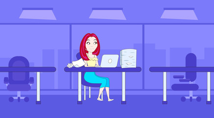 Business Woman Or Secretary Working With Documents And Laptop Computer Sitting At Office Desk Vector Illustration