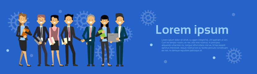 Team Of Modern Businesspeople Business Man And Woman Cartoon Standing Over Background With Copy Space Horizontal Banner Vector Illustration
