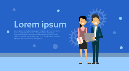 Business Man And Woman Standing With Laptop Computer And Documents Over Background With Copy Space Vector Illustration