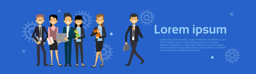 Group Of Business People Businessman And Businesswoman Cartoon Standing Over Background With Copy Space Horizontal Banner Vector Illustration