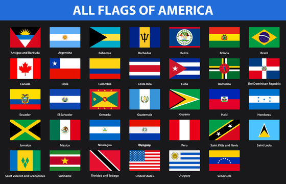 Flags of all countries of American continents. Flat style