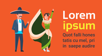 Beautiful Couple Of Mexico Dancers In Traditional Clothes And Sombrero Cinco De Mayo Festival Concept Banner With Copy Space Flat Vector Illustration